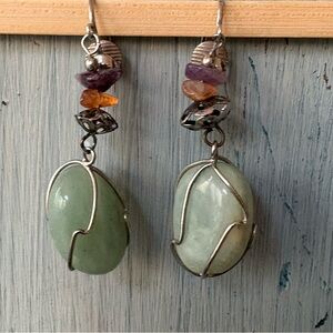 Silver and Green Stone Dangle Earrings
